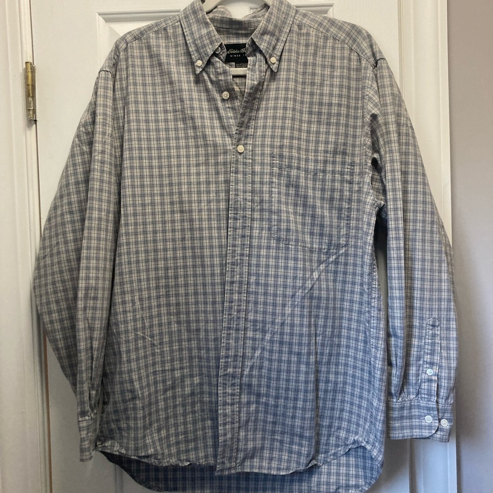 Eddie Bauer Mens Size Small Blue Plaid Button Up Long Sleeve Dress Shirt